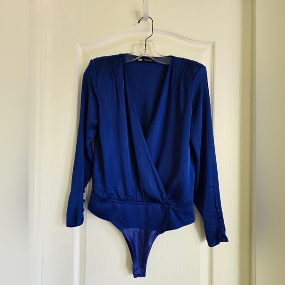 💙ZARA Gorgeous Cobalt Blue Deep V-Neck Front Draping Bodysuit, Size S - Picture 3 of 8